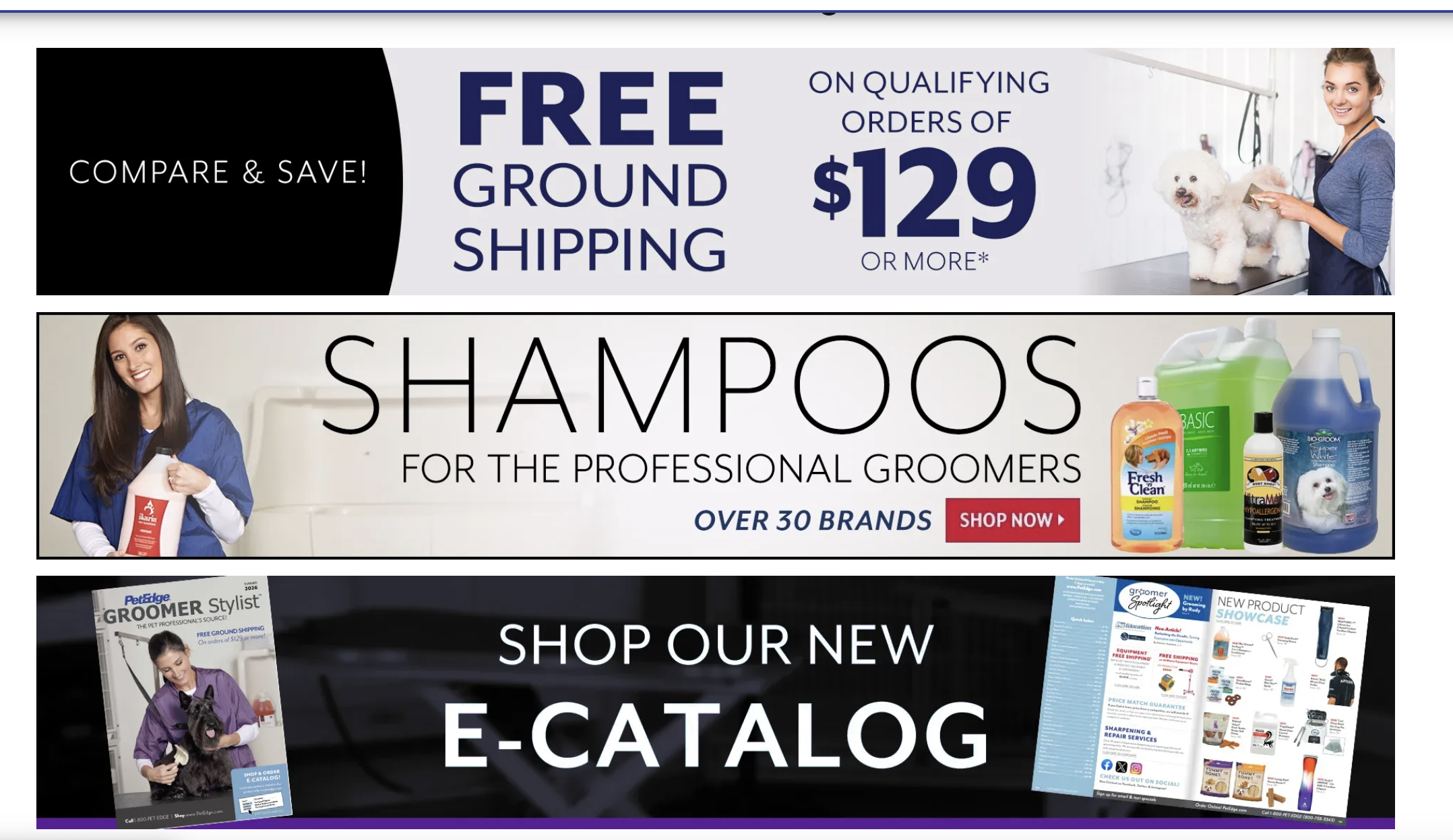 PetEdge shipping, shampoo and e-catalog promotions
